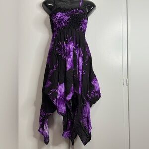 Black & Purple Floral Asymmetrical Handkerchief Hem Dress Size S/M - NWOT